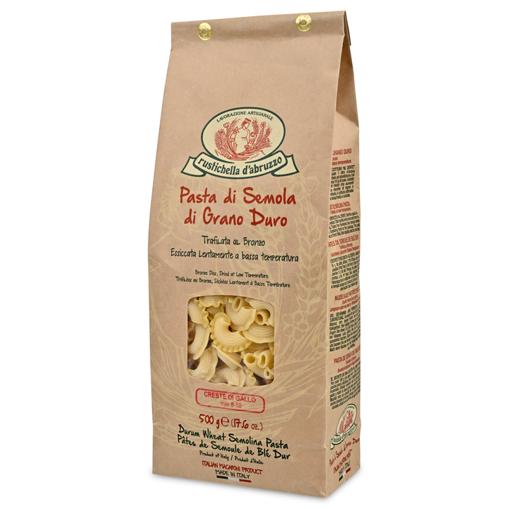 Brown paper bag of pasta with visible branding and product details on a white background