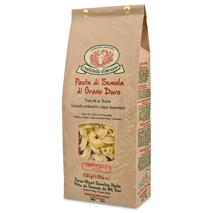 Brown paper bag of pasta with visible branding and product details on a white background