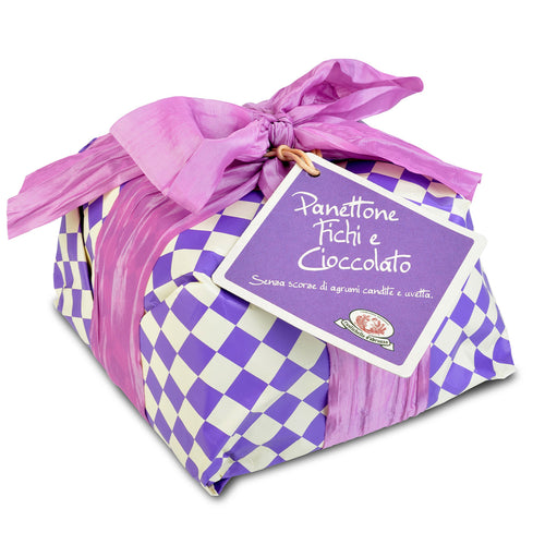 Rustichella d'Abruzzo Fig & Chocolate Panettone in wrapped in purple checkered packaging