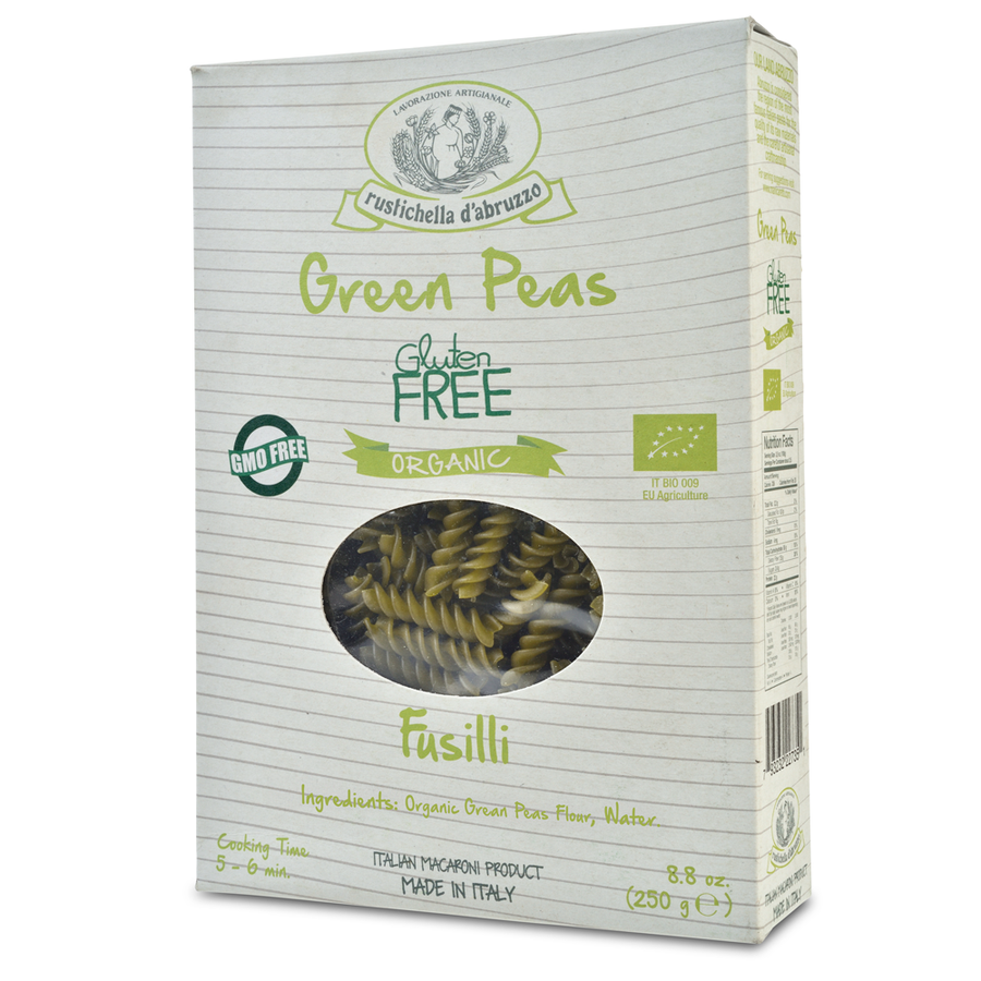 Box of gluten-free organic green peas fusilli pasta with branding on a white background