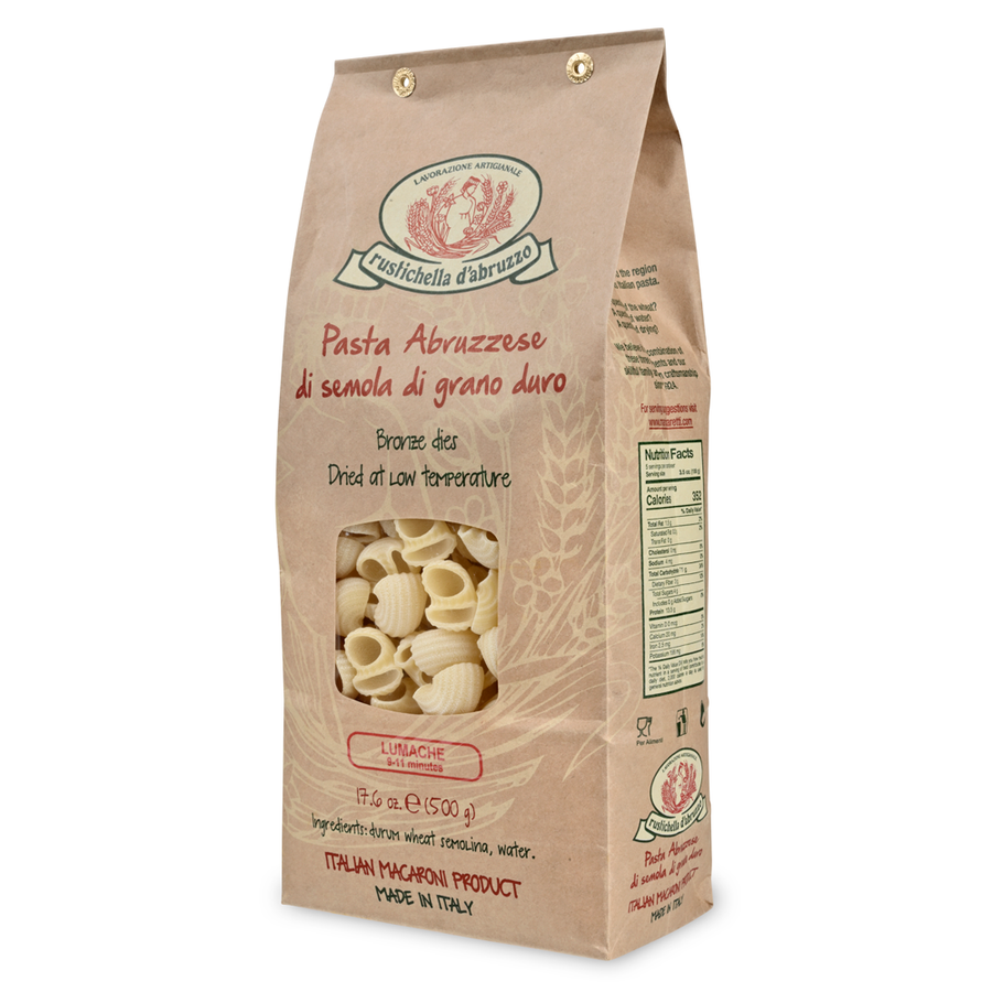 Bag of Rustichella d'Abruzzo pasta with branding and product details on a white background