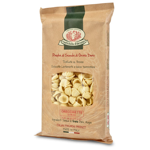 Bag of orecchiette pasta with a brand logo on a white background