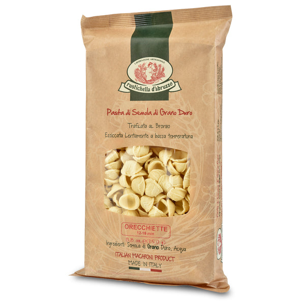Bag of orecchiette pasta with a brand logo on a white background