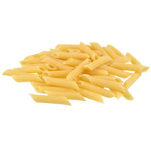 Pile of uncooked penne pasta on a white background