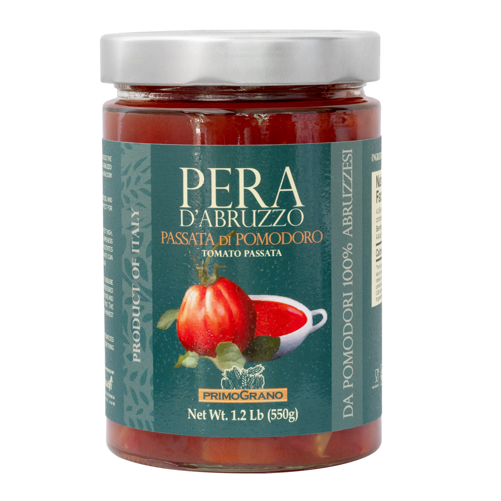 Jar of Pera d'Abruzzo tomato passata on a white background
