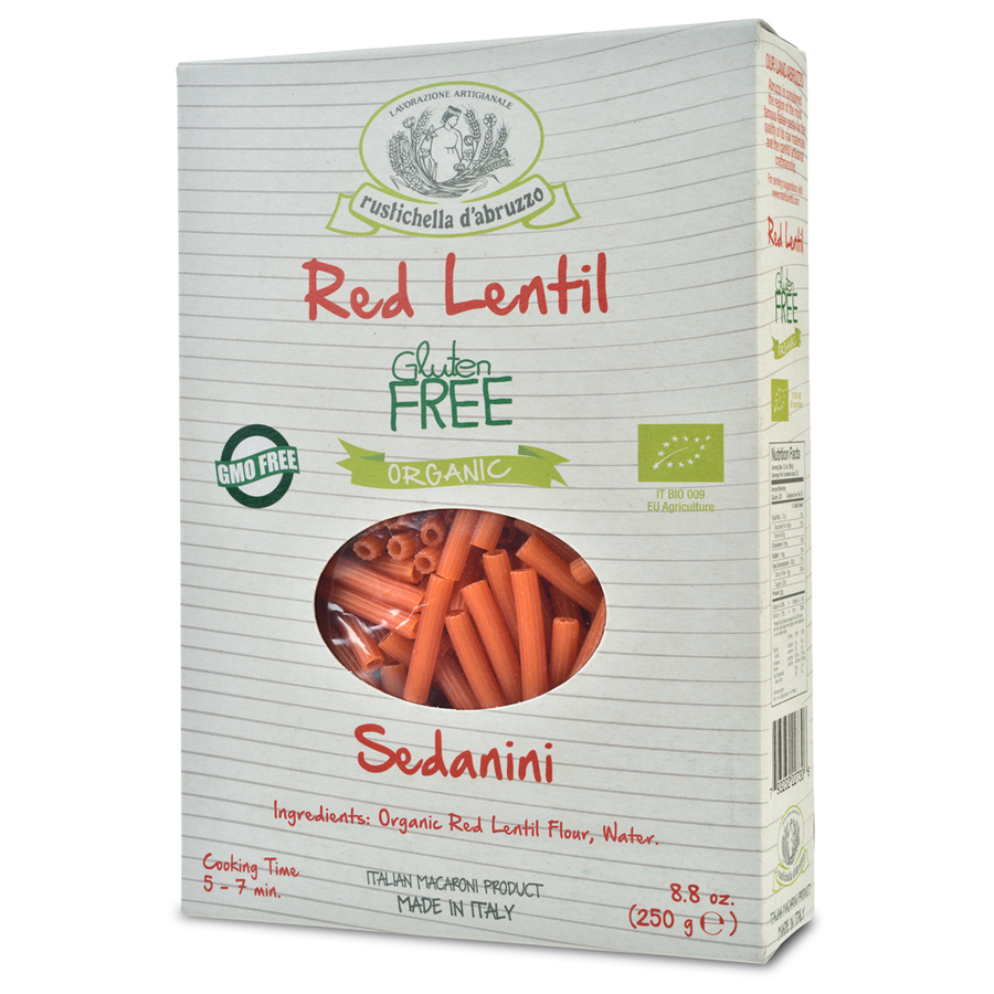 Box of Rustichella d'Abruzzo Red Lentil Sedanini pasta on a white background