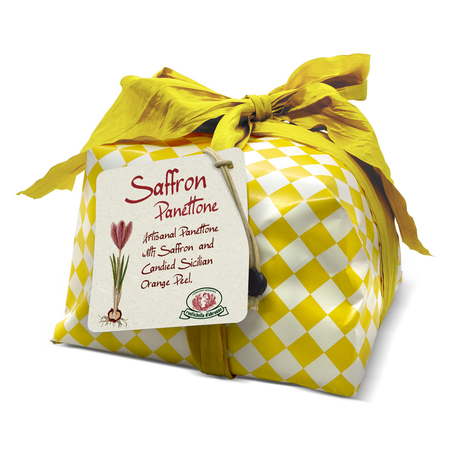 Rustichella d'Abruzzo Saffron Panettone in yellow and white checkered packaging