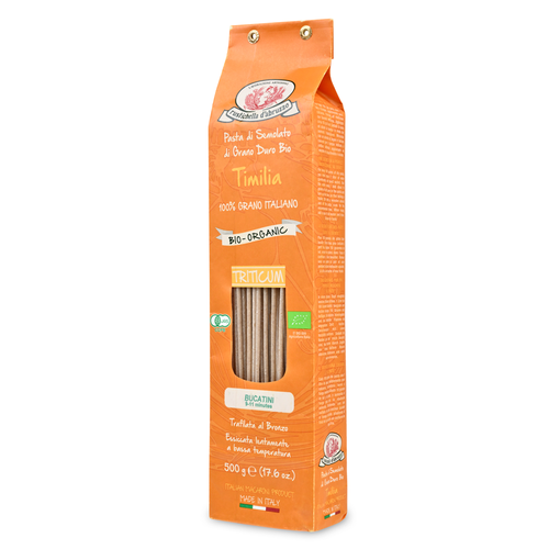 Pasta packaging with an orange background and text