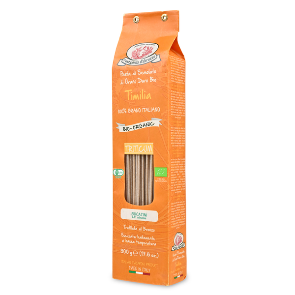 Pasta packaging with an orange background and text