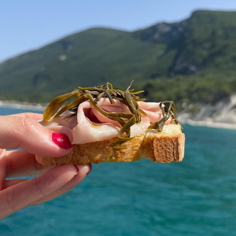 Hand holding a piece of bread with ham and sea fennel against a scenic background of mountains and blue water.