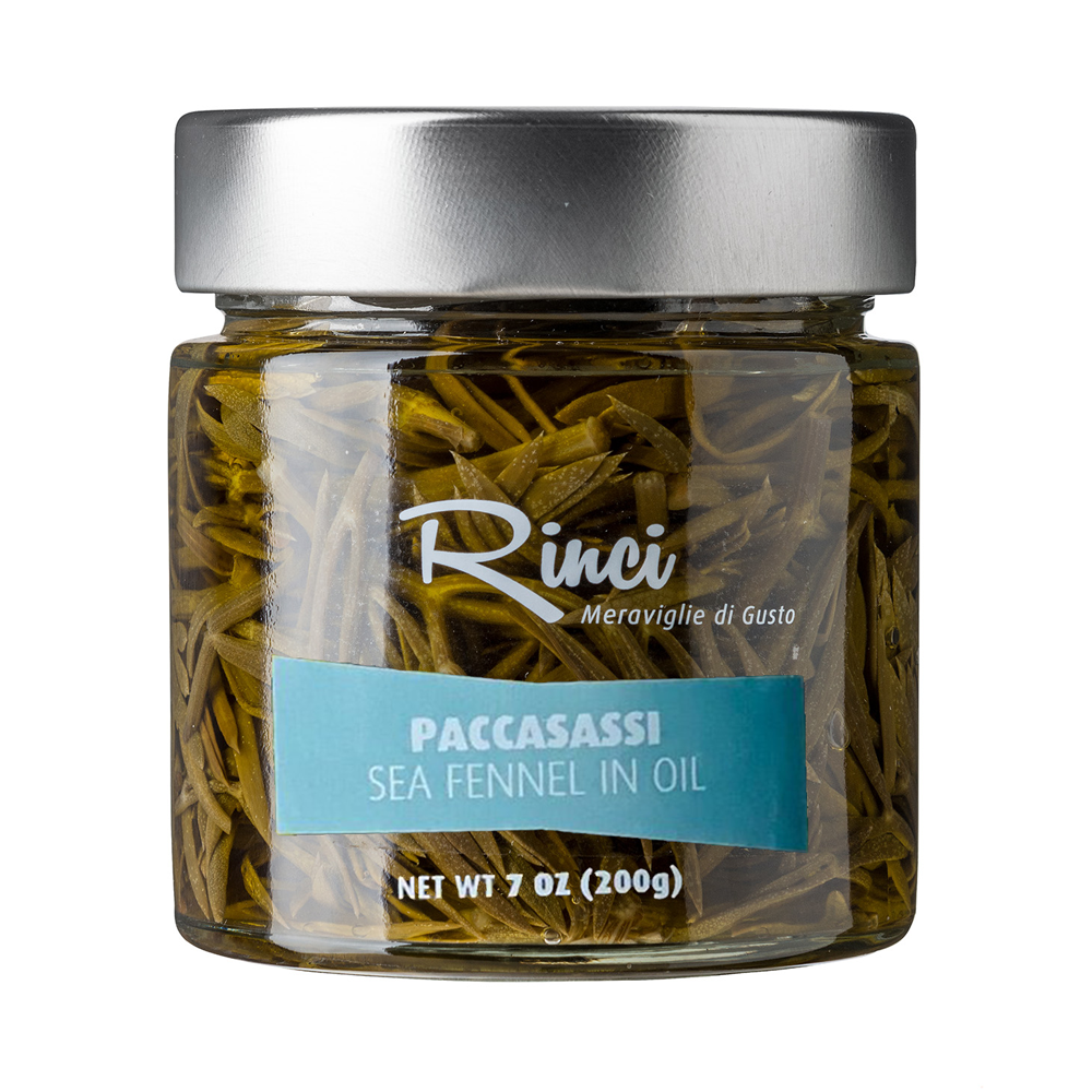 Jar of Rinci sea fennel in oil on a white background