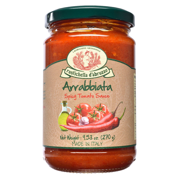 Jar of Rustichella d'Abruzzo Arrabbiata Spicy Tomato Sauce on a white background