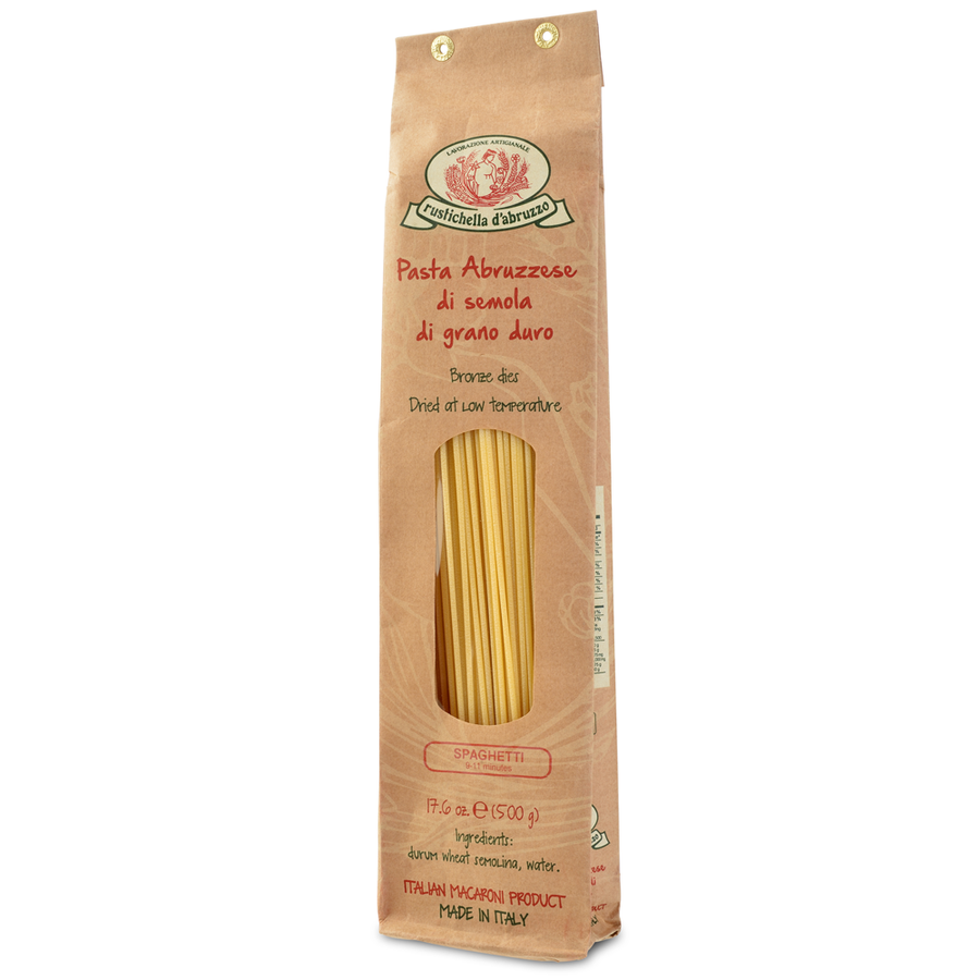 Pasta package with brand logo and product details on a white background