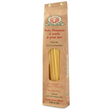 Pasta package with brand logo and product details on a white background