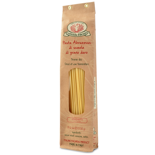 Pasta package with brand logo and product details on a white background