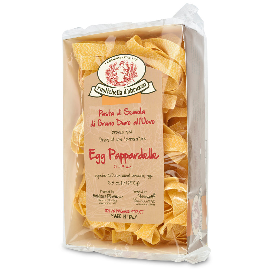 Package of Rustichella d'Abruzzo Egg Pappardelle pasta on a white background