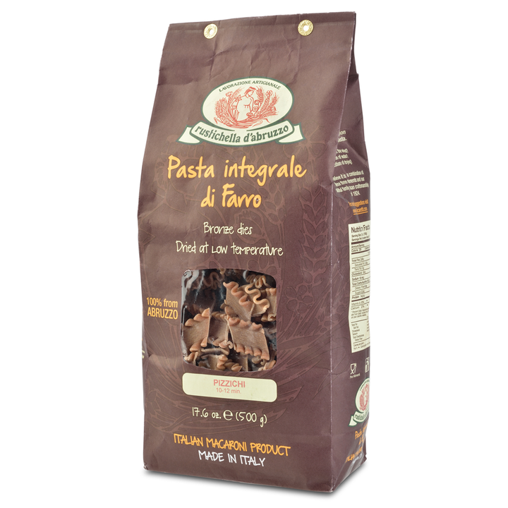 Brown package of Rustichella d'Abruzzo whole grain farro pasta on a white background