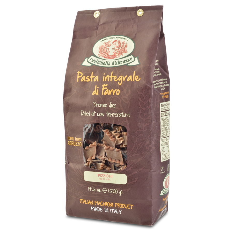 Brown package of Rustichella d'Abruzzo whole grain farro pasta on a white background