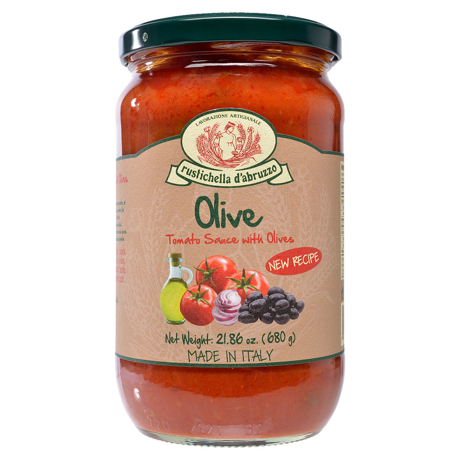 Jar of Rustichella d'Abruzzo Olive Tomato Sauce with Olives on a white background