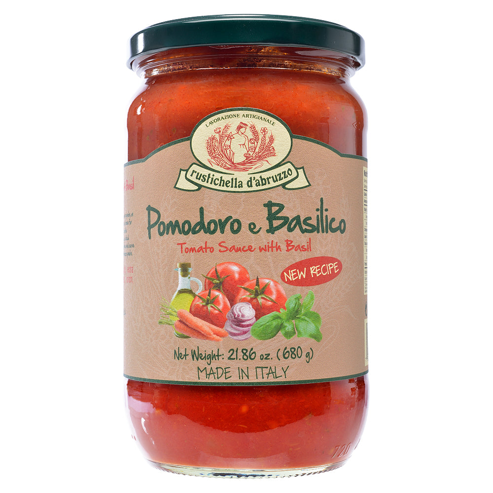 Jar of Rustichella d'Abruzzo Pomodoro e Basilico tomato sauce on a white background
