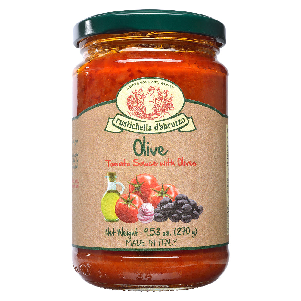Jar of Rustichella d'Abruzzo Olive Tomato Sauce with Olives on a white background