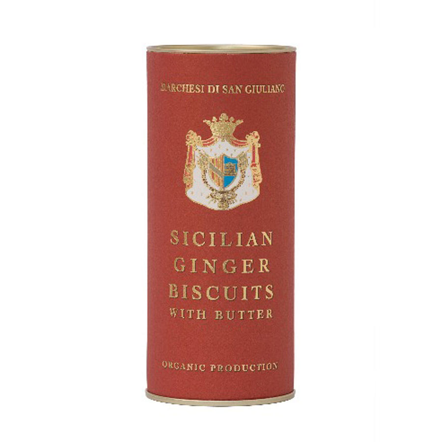 Red cylindrical container of Sicilian Ginger Biscuits with Butter on a white background