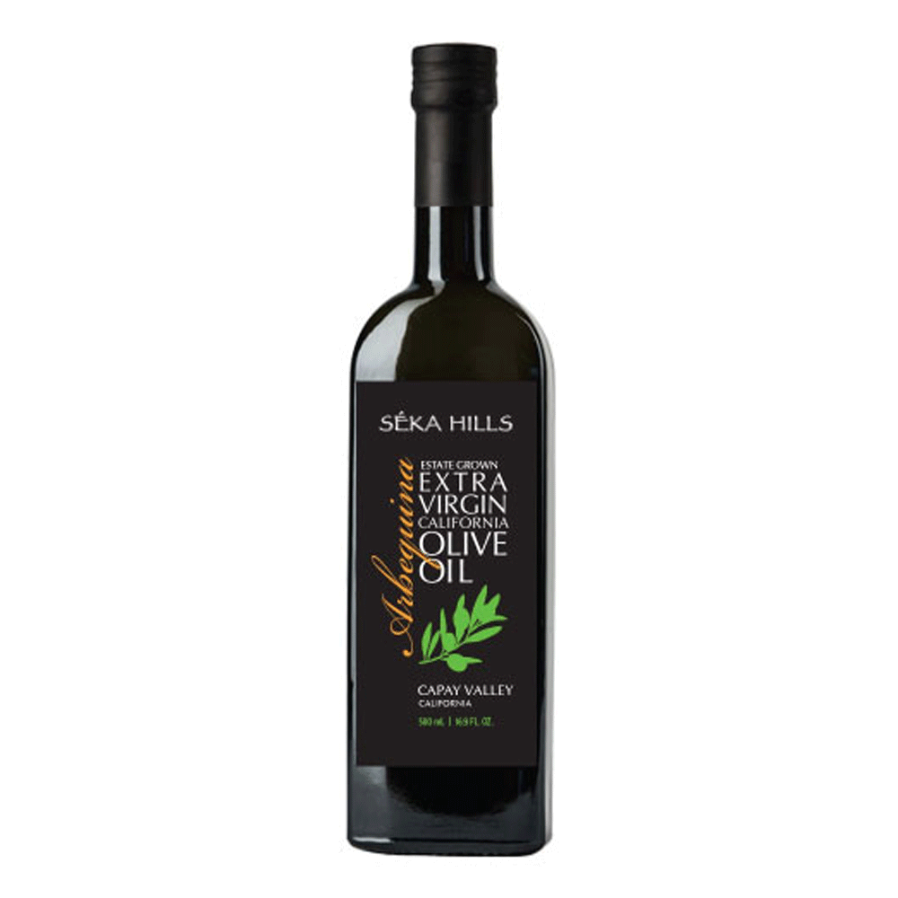Bottle of Seka Hill Arbequina extra virgin olive oil