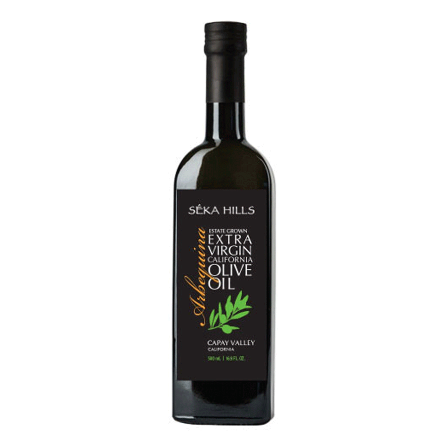 Bottle of Seka Hill Arbequina extra virgin olive oil