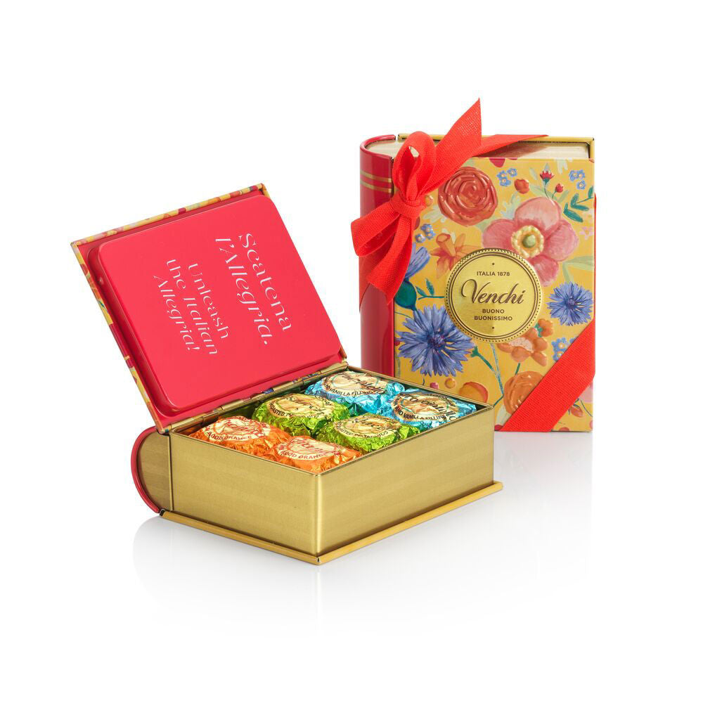 Venchi Easter Spring mini book tin with its lid open and foil-wrapped chocolates