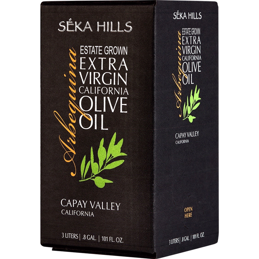 Box of Seka Hills 3 liter arbequina extra virgin olive oil