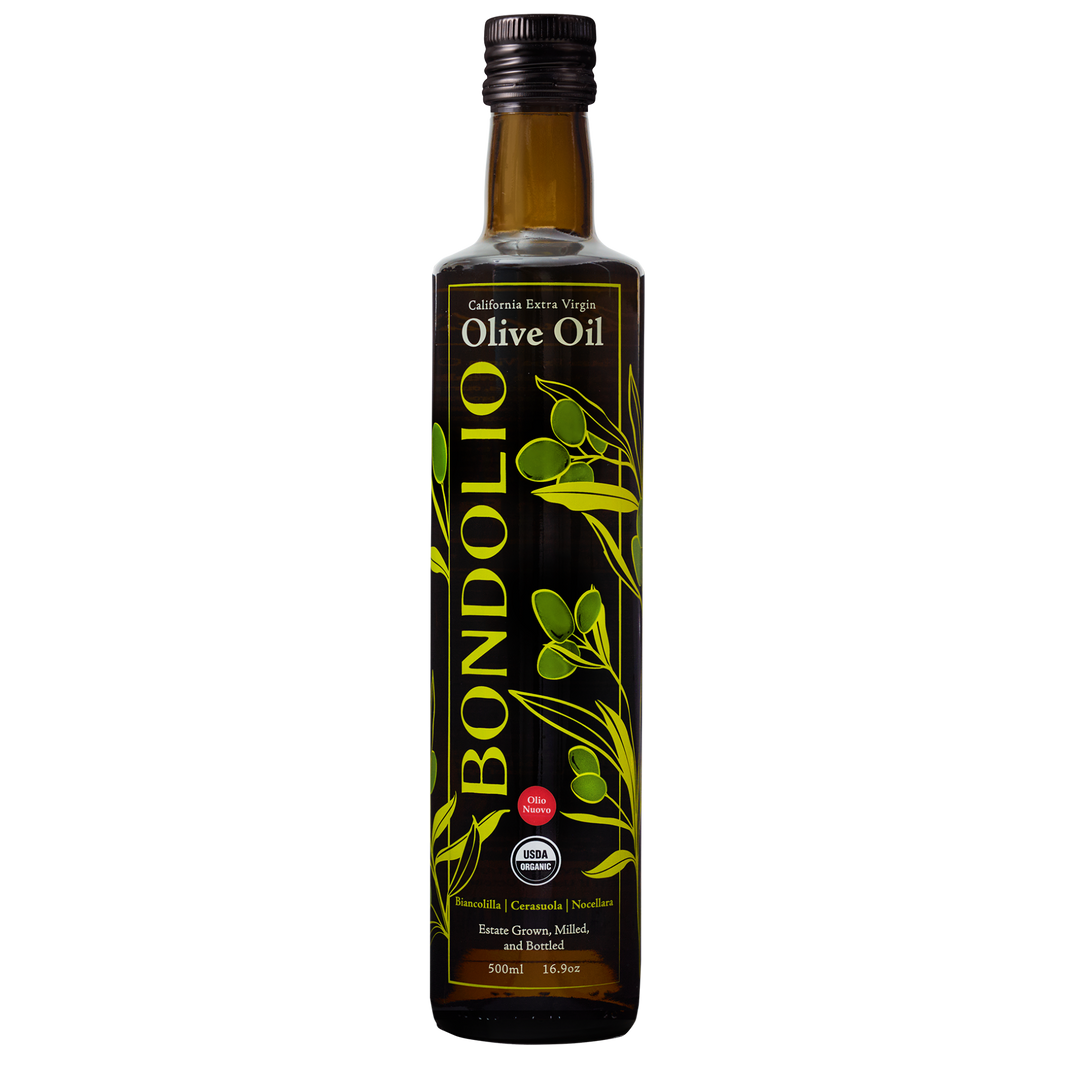 Bottle of Bondolio California Olio Nuovo on a white background