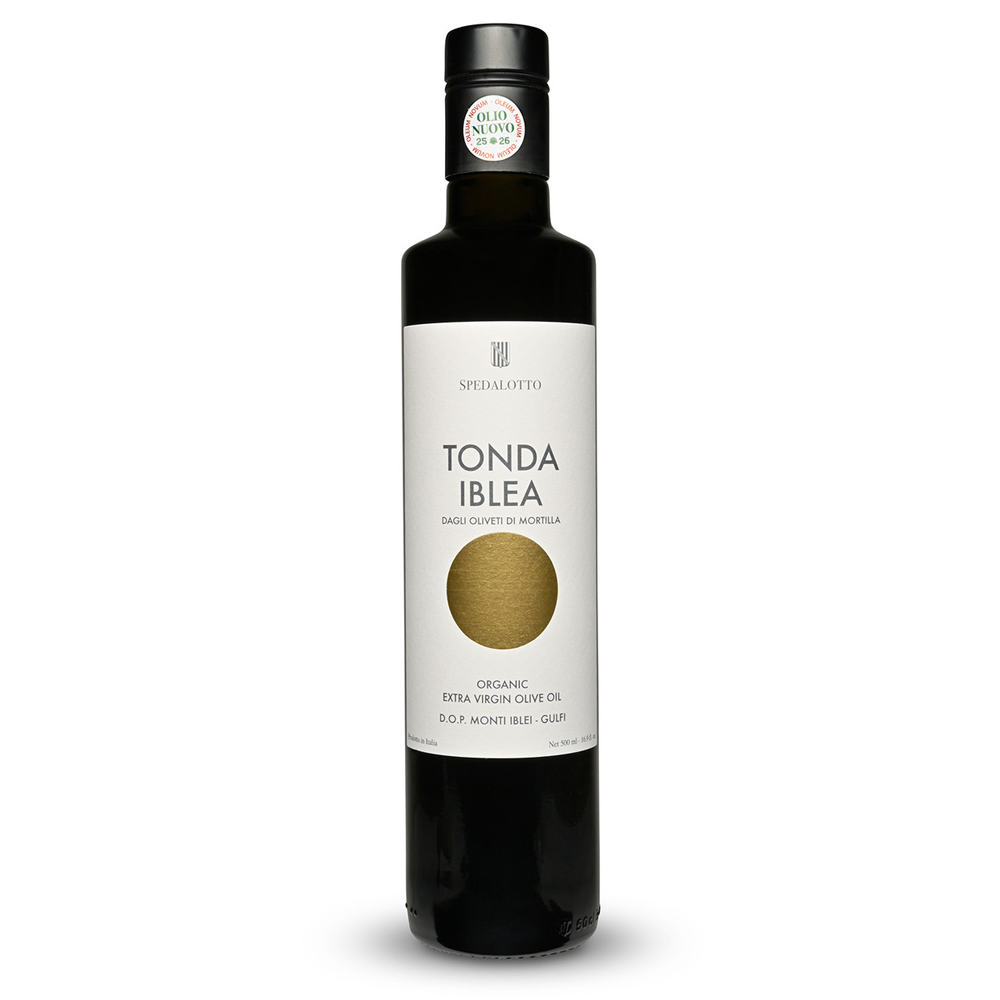 Bottle of Tonda Iblea olive oil on a white background