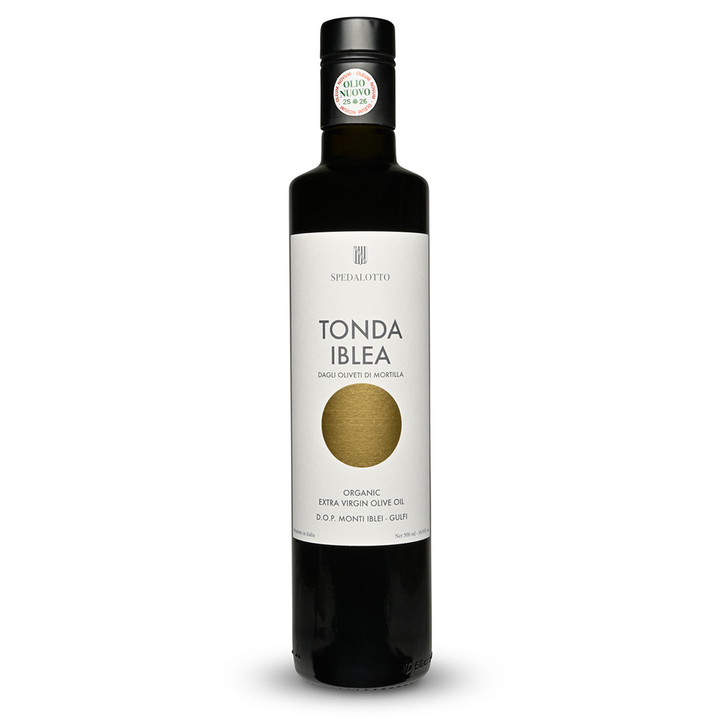 Bottle of Tonda Iblea olive oil on a white background