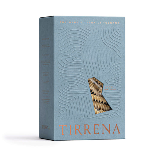 Blue box of Tirrena Fusilli pasta from Frescobaldi
