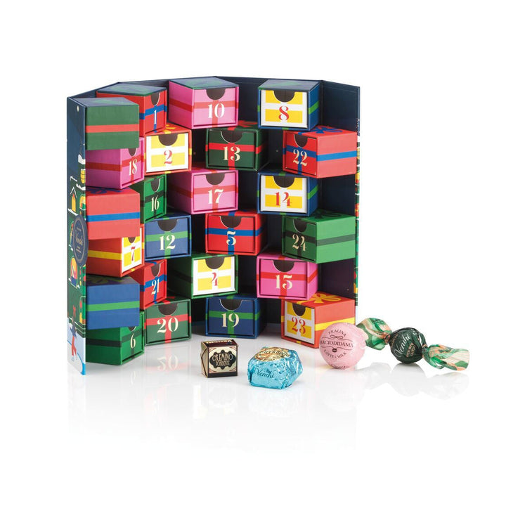 Colorful advent calendar with small boxes on a white background