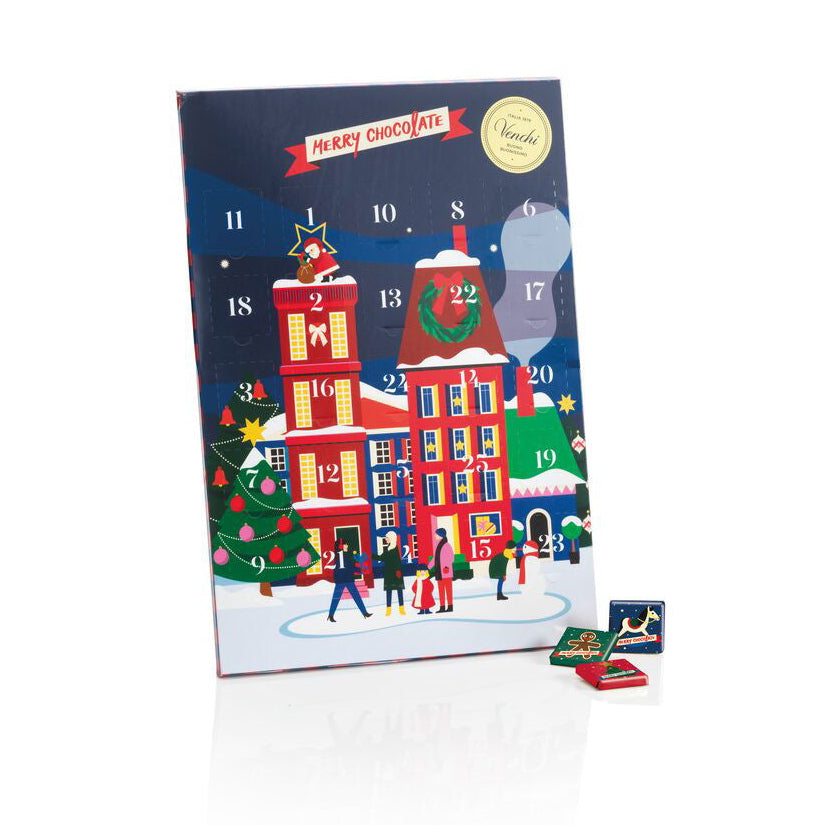 Chocolate advent calendar with festive design on a white background