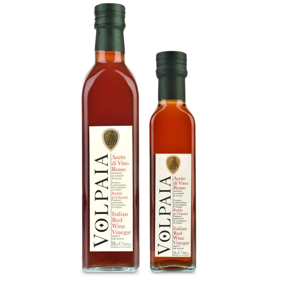 Two bottles of Volpaia Italian Red Wine Vinegar on a white background