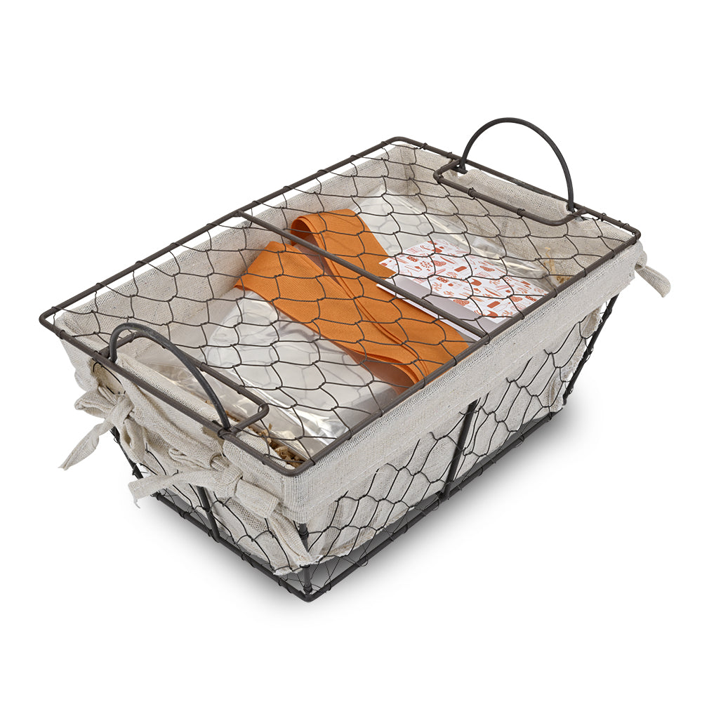 Linen-lined wire hamper gift basket with ribbon, cellophane and notecard