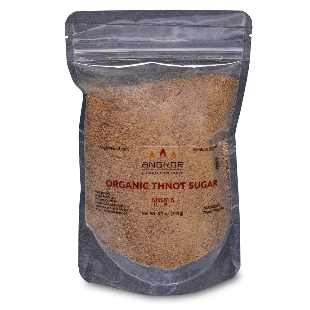 Angkor Cambodian Foods' Organic Thnot Sugar in a clear, re-sealable bag