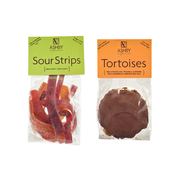 Bags of Chocolate Tortoises and Sour Fruit Strips from Ashby Confections