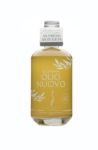 Clear bottle of Calivirgin Olio Nuovo