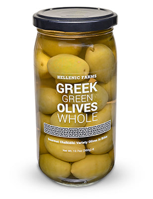 Jar of Hellenic Farms whole Greek green olives
