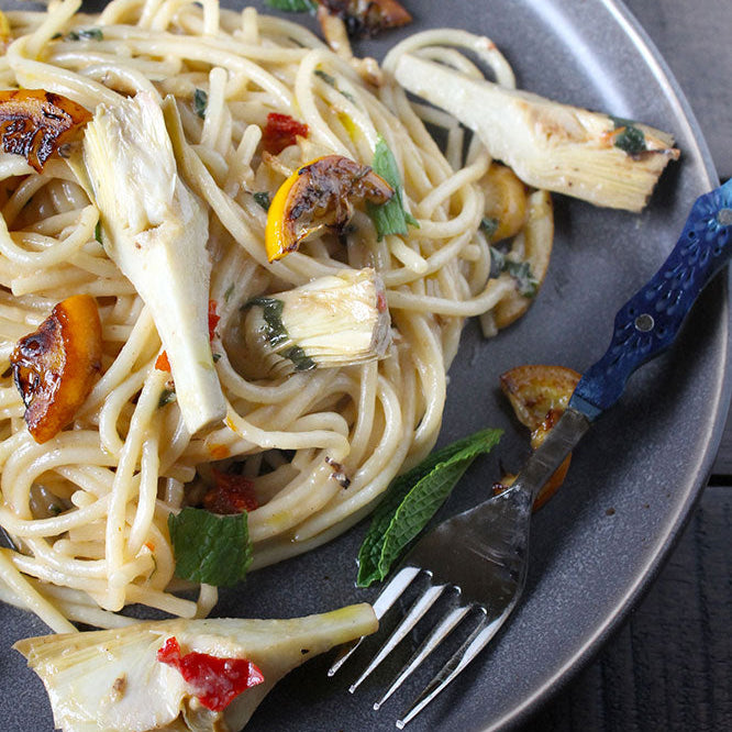 Senatore Cappelli Spaghetti with Caramelized Lemons, Artichokes & Mint