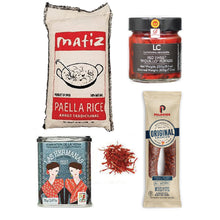 Ingredients for Paella: Chorizo, saffron, piquillo peppers, paella rice and sweet pimenton