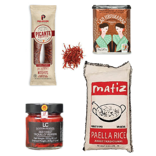 Ingredients for Paella: Spicy chorizo, saffron, piquillo peppers, paella rice and spicy pimenton