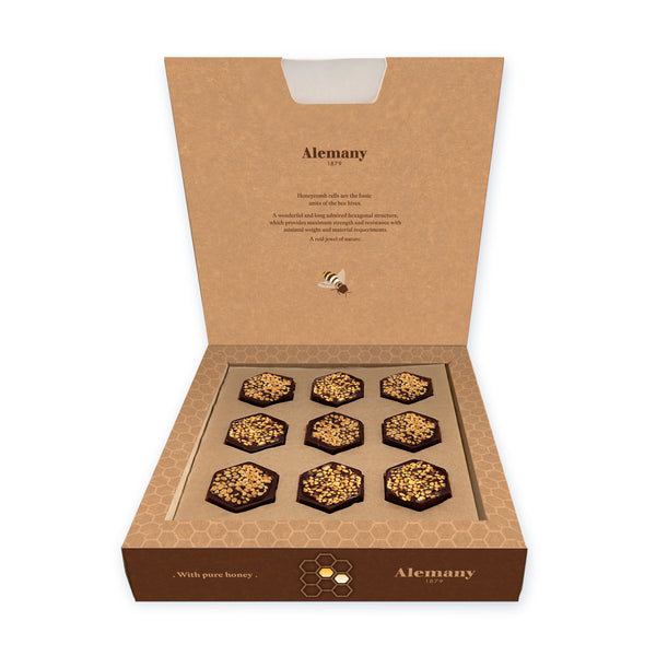 Open box of Hexagonal Dark Chocolates with Honey and Bee Pollen from Alemany Mel y Turrón