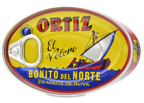 Oval tin of Ortiz Spanish tuna in olive oil