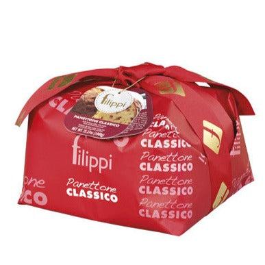 Filippi Classic Panettone wrapped in red packaging and tied with a red bow