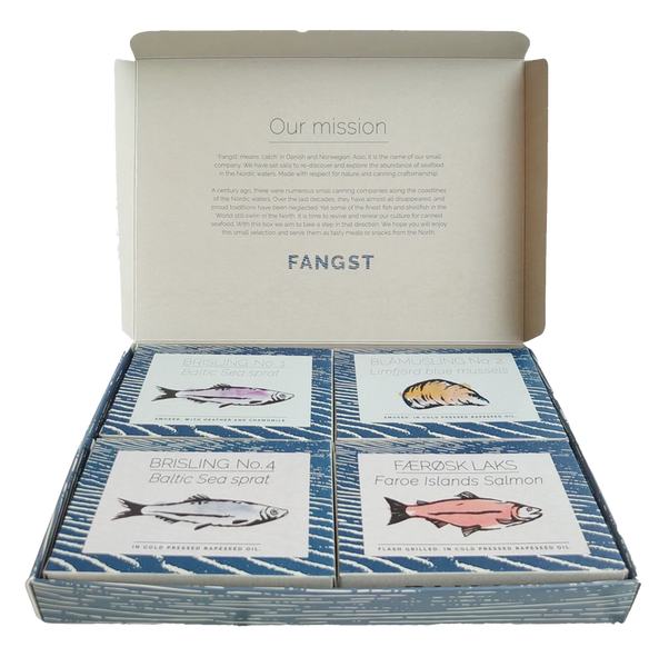 Open gift box of FANGST tinned fish