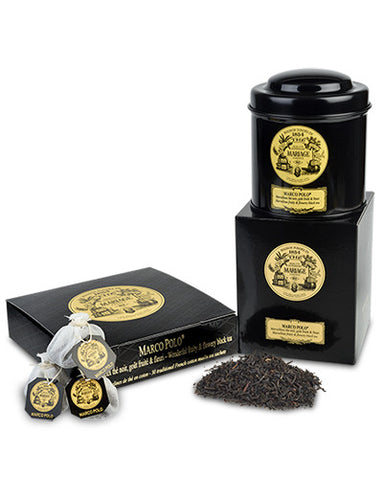 A tin and two boxes of Marco Polo Black Tea by Mariage Frères